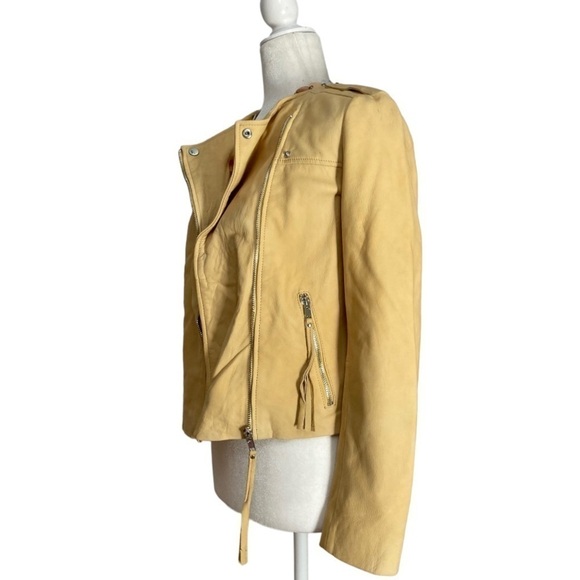 Mango Sheep Leather Buttercup Yellow Moto Jacket - Picture 9 of 9